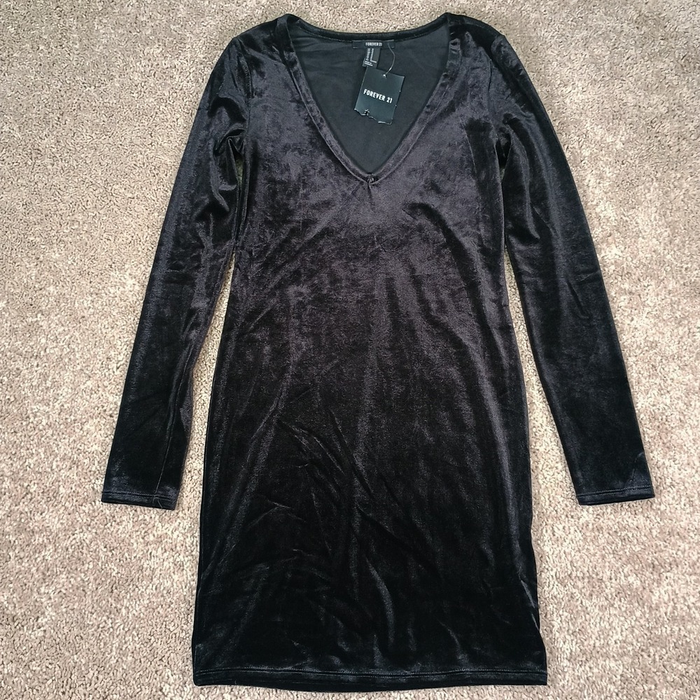 Forever 21 Black Velvet Long Sleeve Bodycon Party Sexy Goth Dress Medium